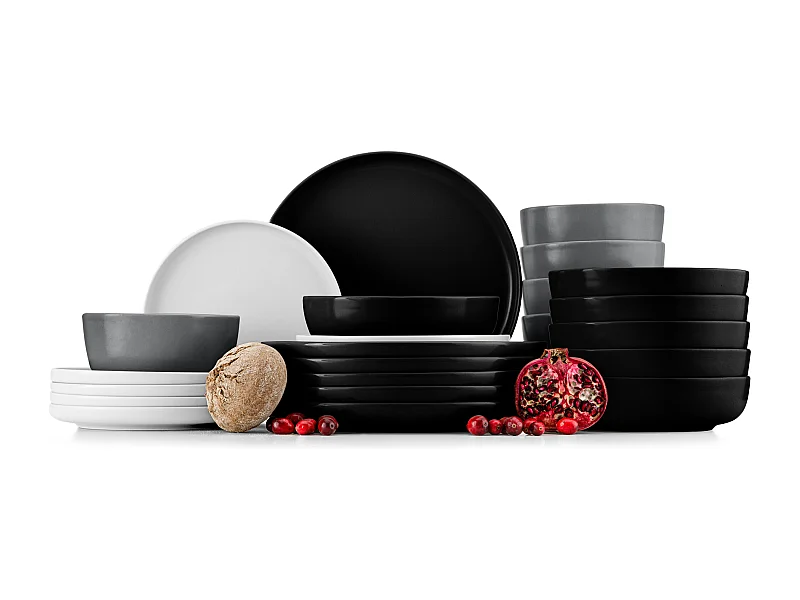 Service de table - Service vaisselle - 6 personnes 24 pièces - Blanc, Noir, Gris - VICTO