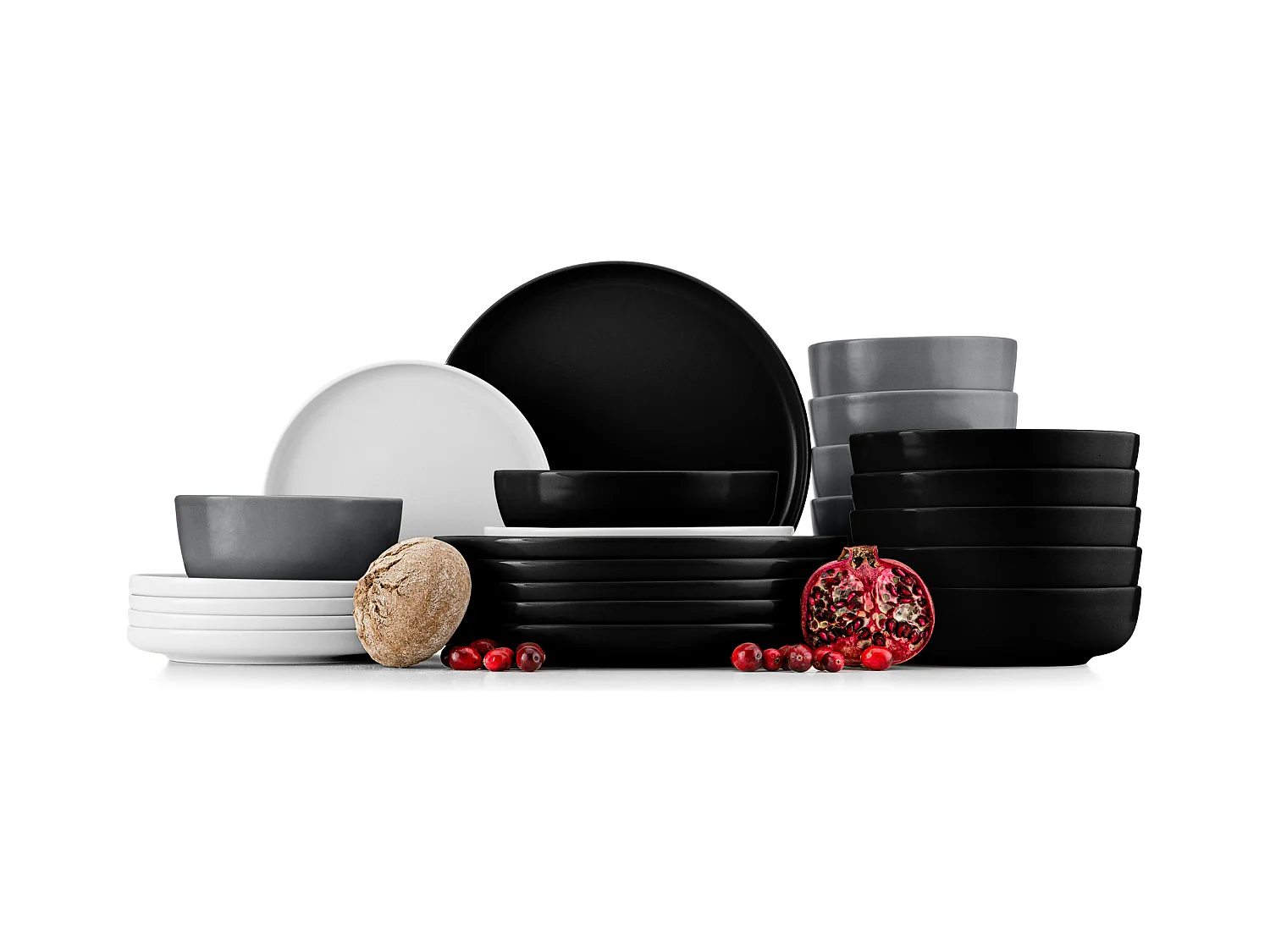Service de table - Service vaisselle - 6 personnes 24 pièces - Blanc, Noir, Gris - VICTO