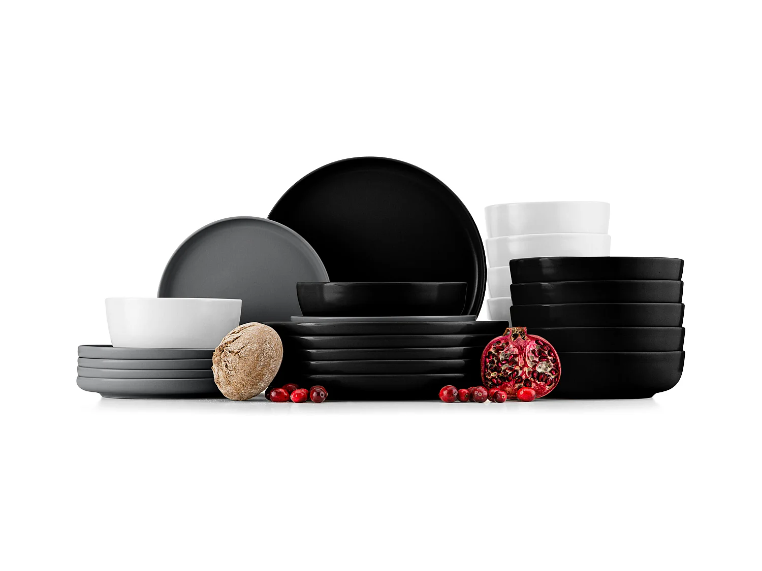 Service de table - Service vaisselle - 6 personnes 24 pièces - Blanc, Noir, Gris - VICTO