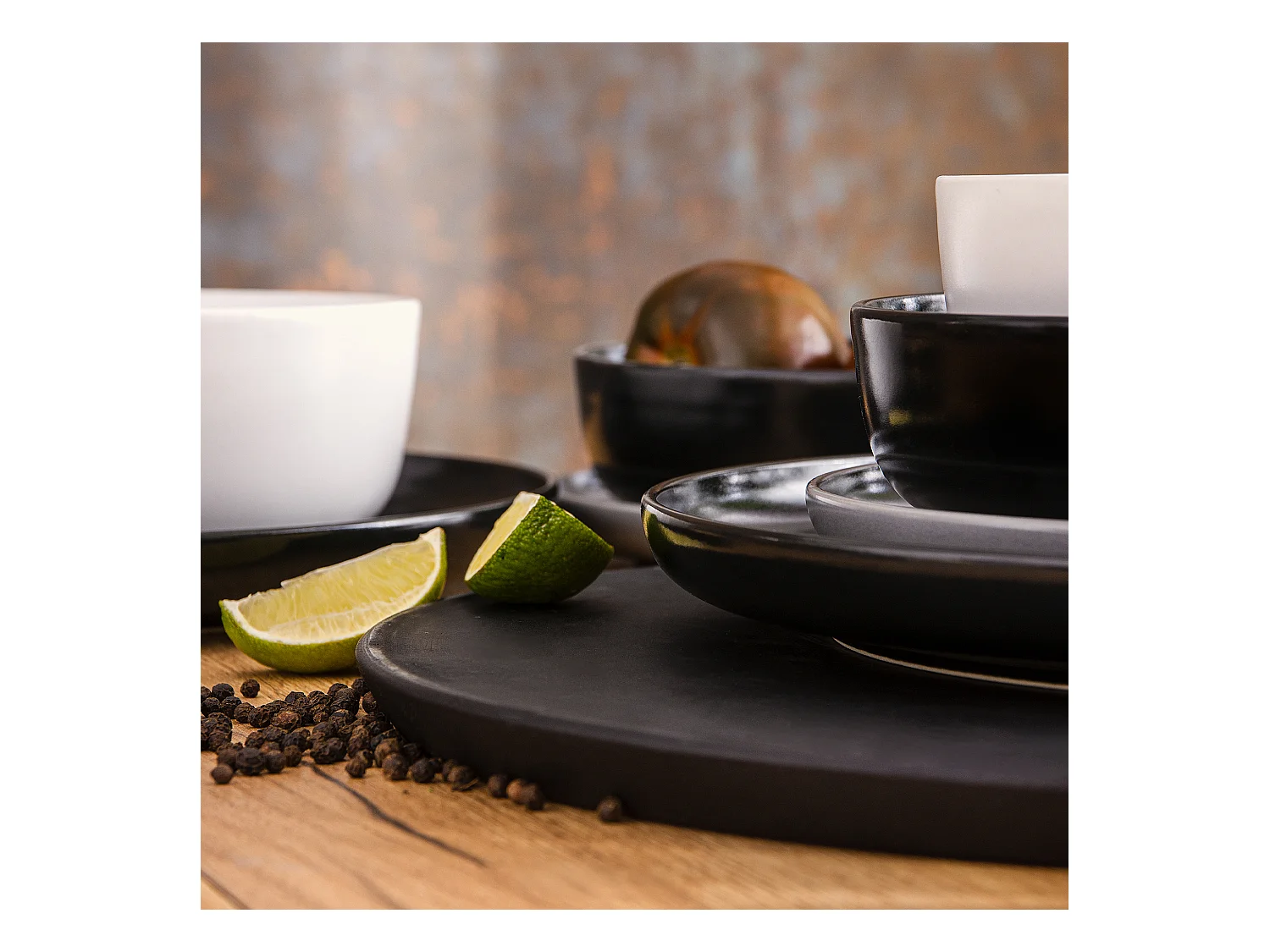 Service de table - Service vaisselle - 6 personnes 24 pièces - Blanc, Noir, Gris - VICTO