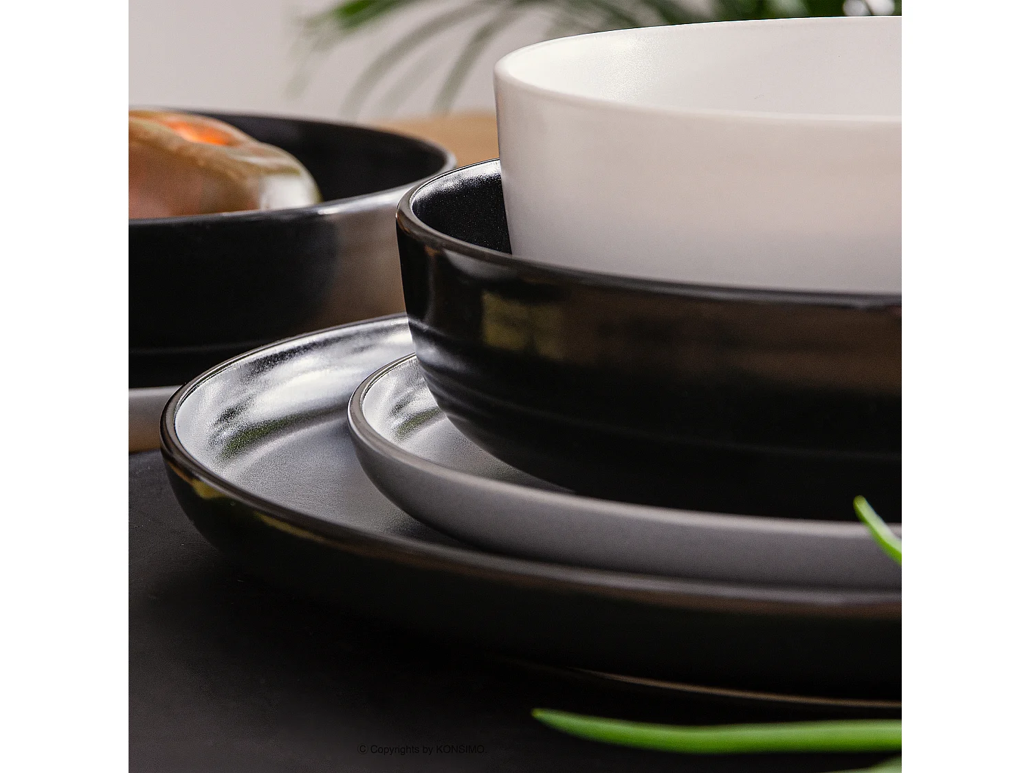 Service de table - Service vaisselle - 6 personnes 24 pièces - Blanc, Noir, Gris - VICTO