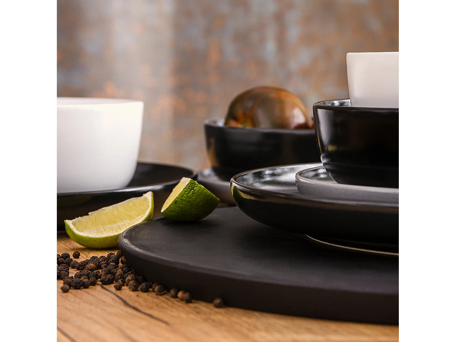 Service de table - Service vaisselle - 6 personnes 24 pièces - Blanc, Noir, Gris - VICTO