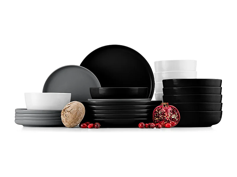 Service de table - Service vaisselle - 6 personnes 24 pièces - Blanc, Noir, Gris - VICTO
