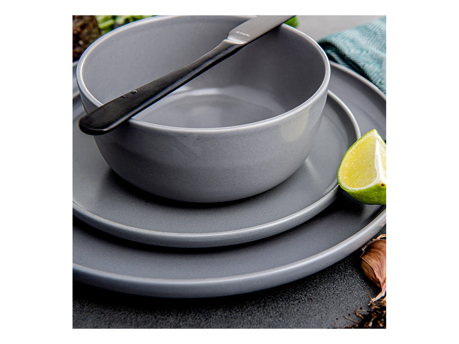 Service de table - Service vaisselle - avec Bol 18 pièces - Gris - VICTO