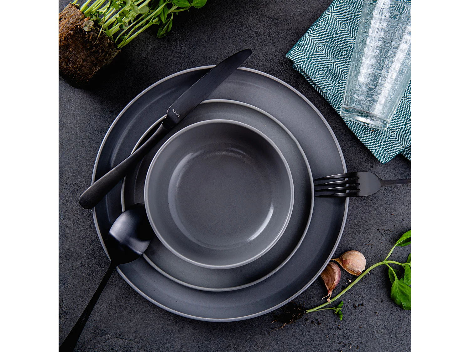 Service de table - Service vaisselle - avec Bol 18 pièces - Gris - VICTO