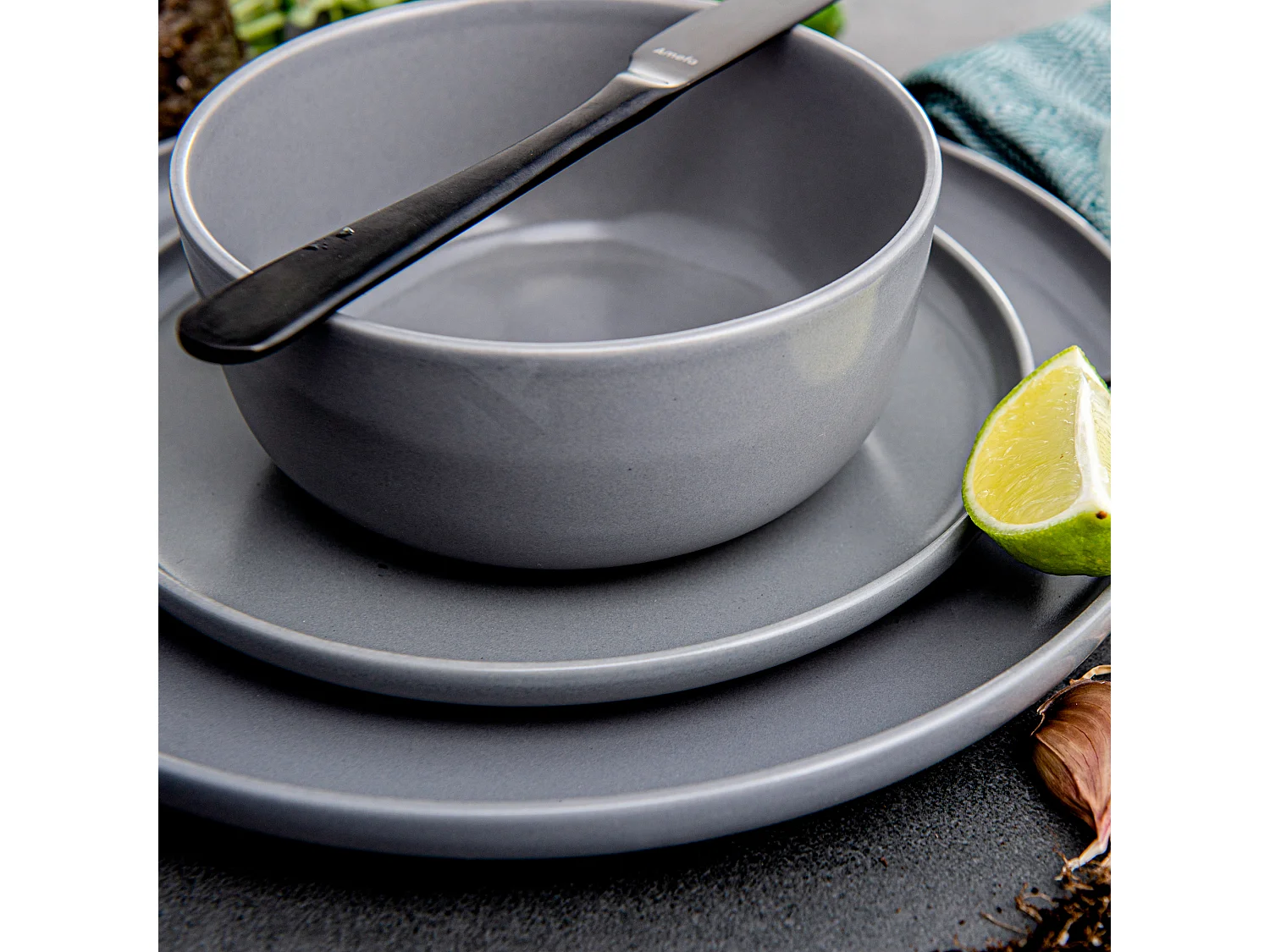 Service de table - Service vaisselle - avec Bol 18 pièces - Gris - VICTO