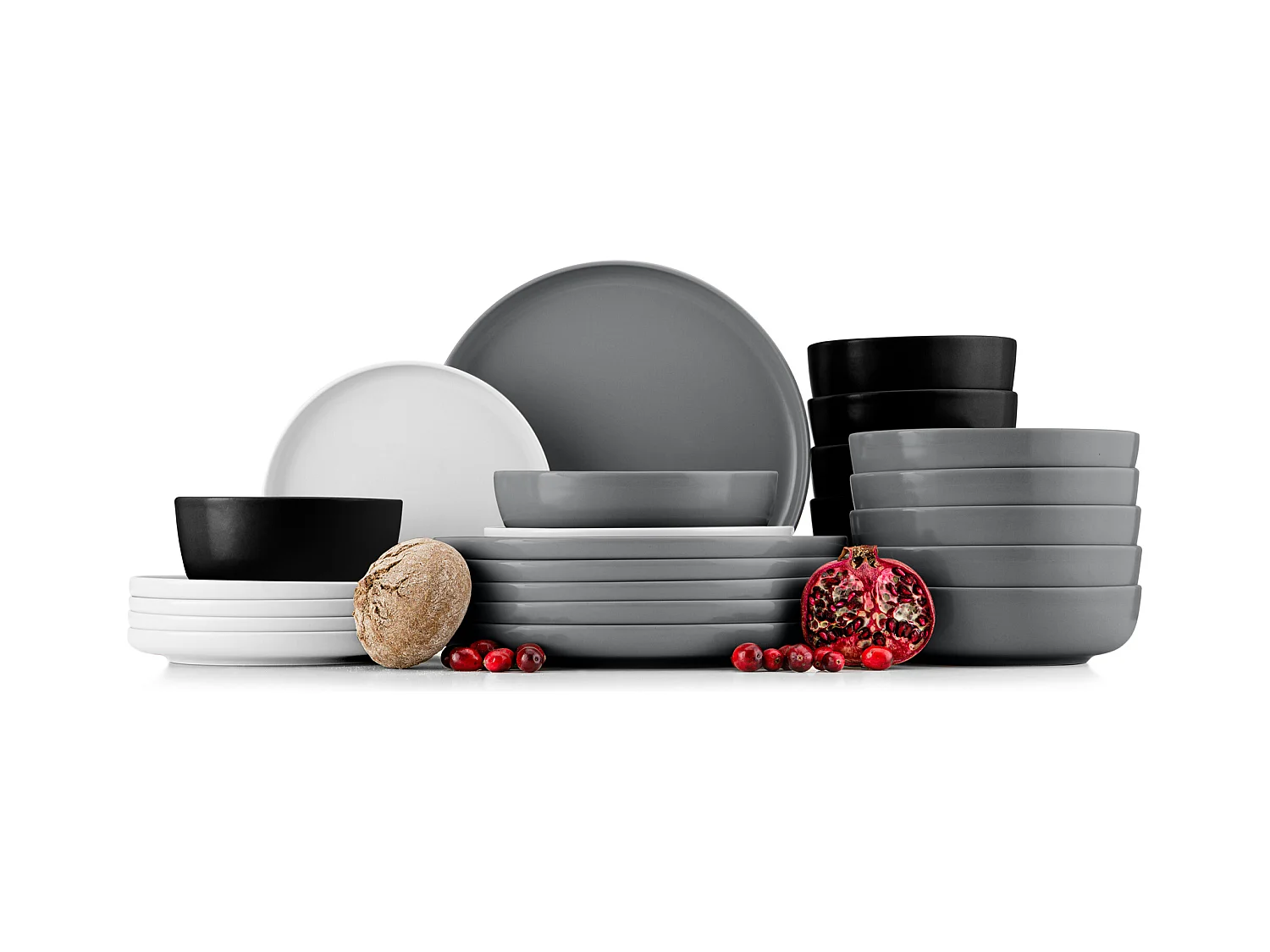 Service de table - Service vaisselle - 6 personnes 24 pièces - Blanc, Noir, Gris - VICTO