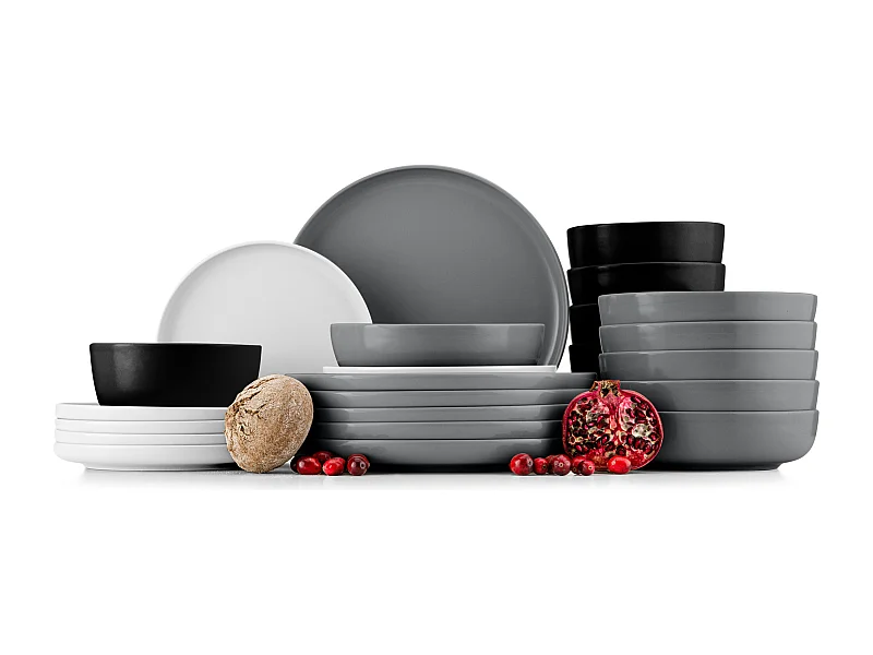 Service de table - Service vaisselle - 6 personnes 24 pièces - Blanc, Noir, Gris - VICTO