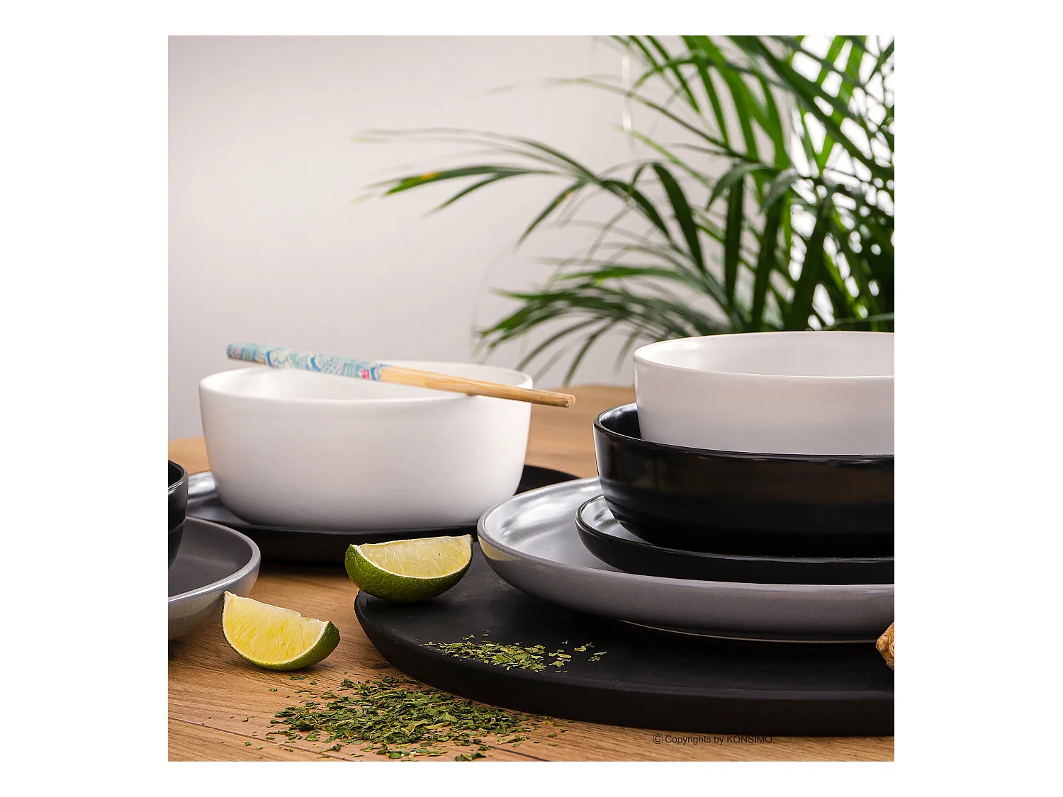 Service de table - Service vaisselle - 6 personnes 24 pièces - Blanc, Noir, Gris - VICTO