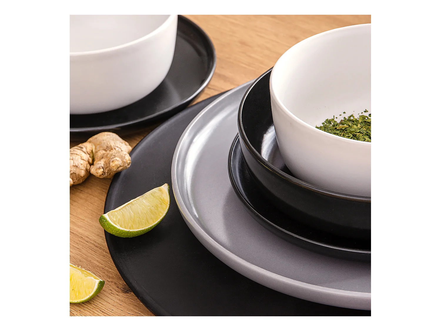 Service de table - Service vaisselle - 6 personnes 24 pièces - Blanc, Noir, Gris - VICTO