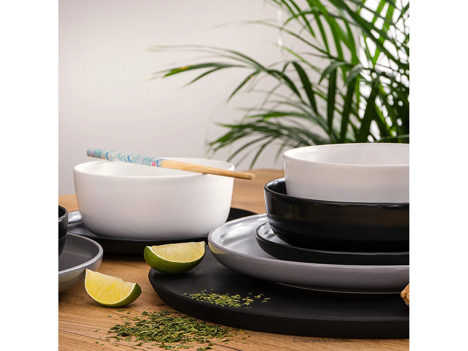 Service de table - Service vaisselle - 6 personnes 24 pièces - Blanc, Noir, Gris - VICTO