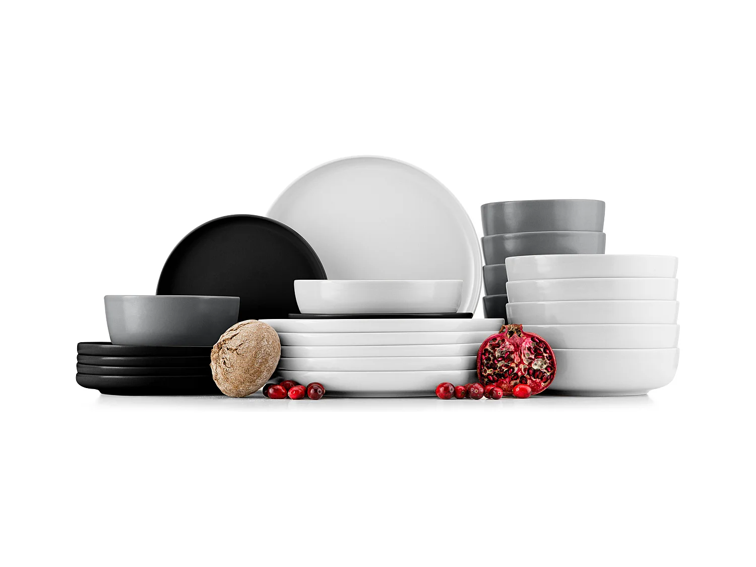 Service de table - Service vaisselle - 6 personnes 24 pièces - Blanc, Noir, Gris - VICTO