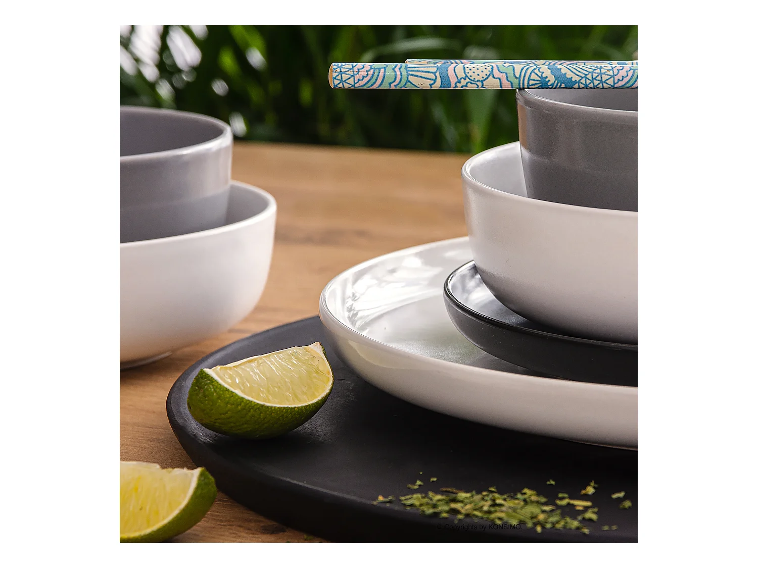 Service de table - Service vaisselle - 6 personnes 24 pièces - Blanc, Noir, Gris - VICTO