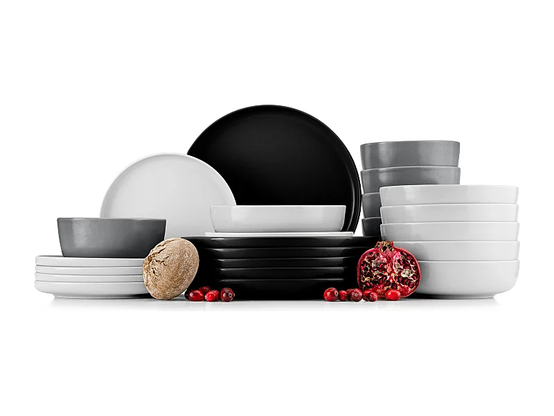 Service de table - Service vaisselle - 6 personnes 24 pièces - Blanc, Noir, Gris - VICTO