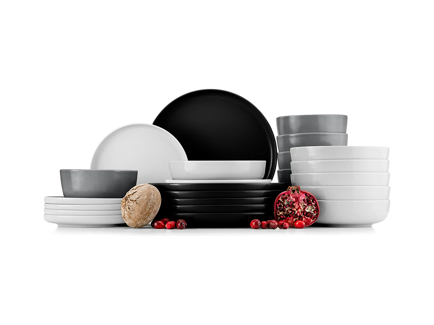 Service de table - Service vaisselle - 6 personnes 24 pièces - Blanc, Noir, Gris - VICTO