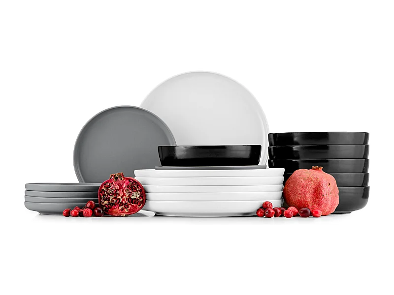 Service de table - Service vaisselle - 6 personnes 18 pièces - Gris, Blanc, Noir - VICTO