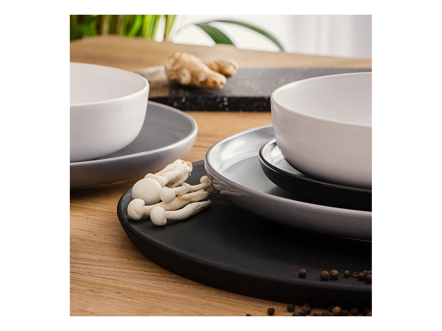 Service de table - Service vaisselle - 6 personnes 18 pièces - Noir, Gris, Blanc - VICTO