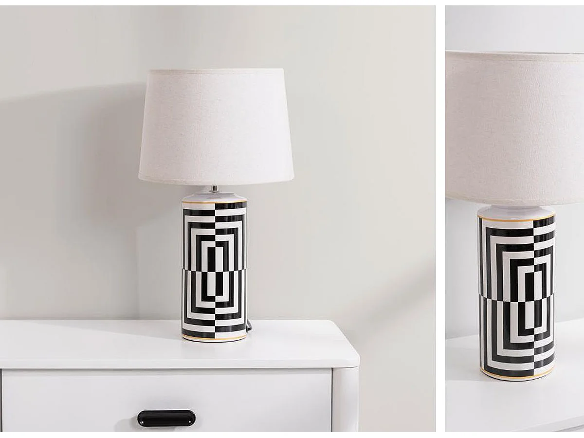 Lampe à poser, lampadaire droit en lin coloris blanc et pied en céramique -  diamètre 28 x hauteur 50 cm