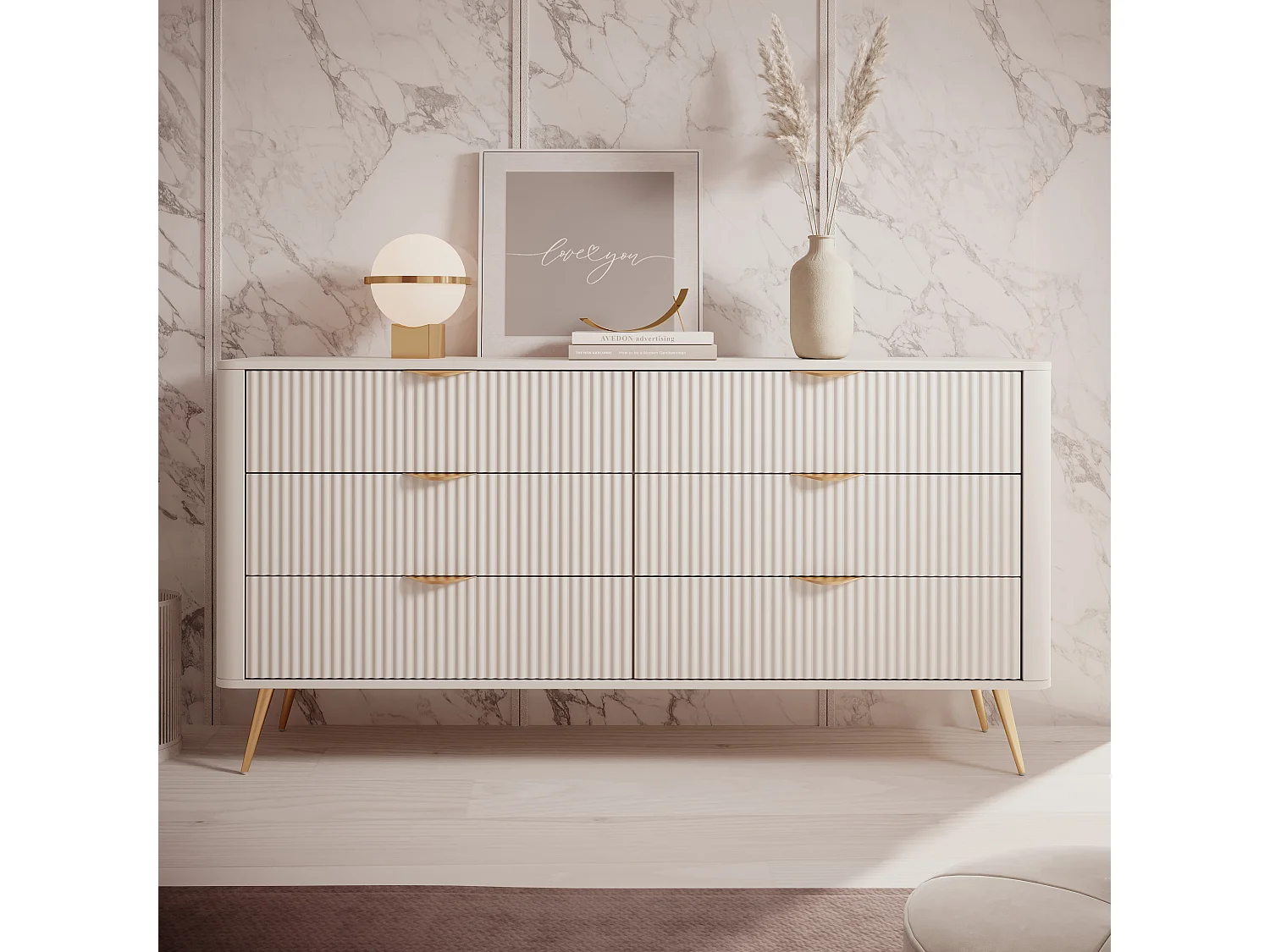 AX LIVING Kommode beige mit Schubladen Vespasia 163 6S - 163,2cm breit