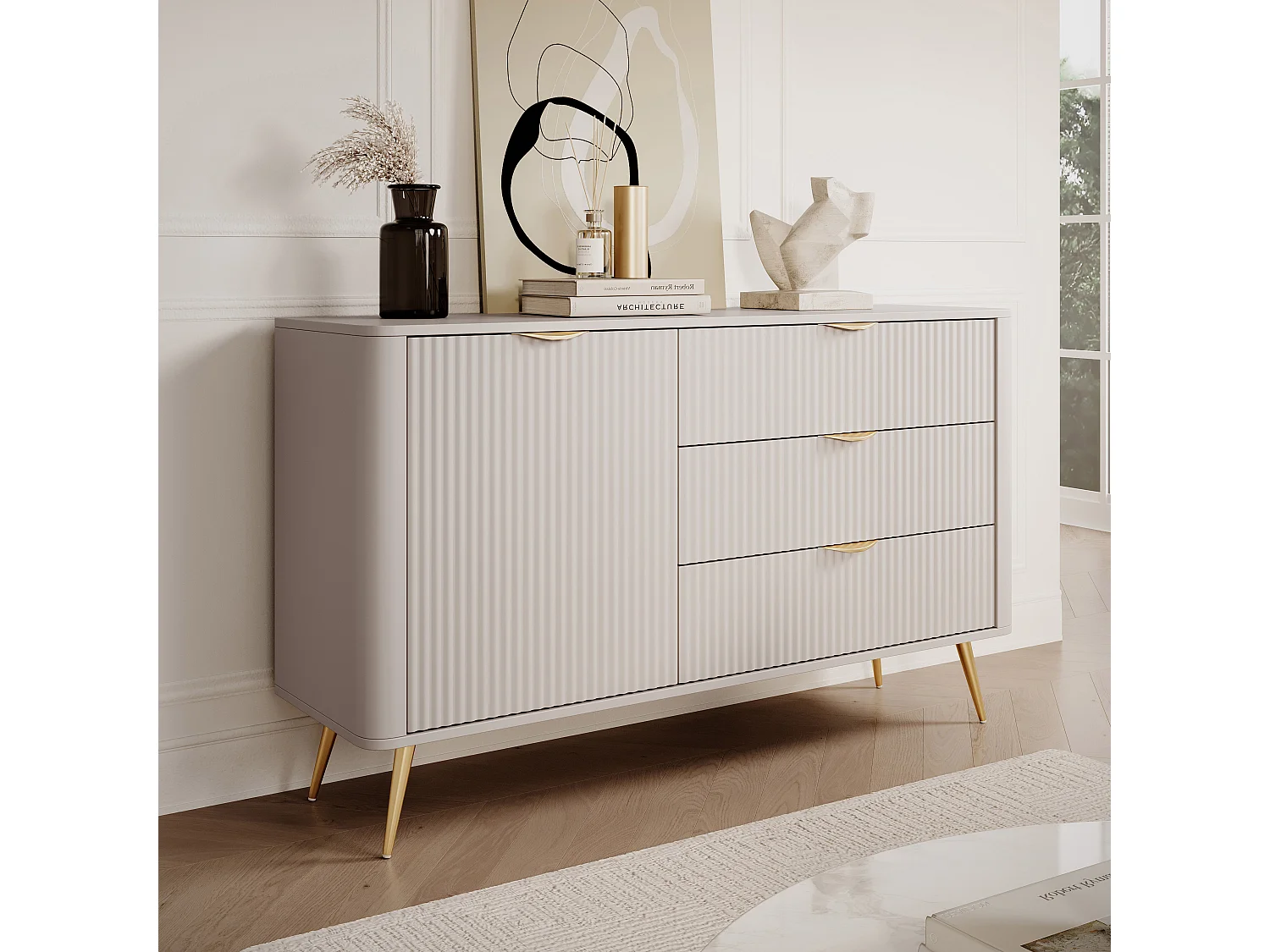 AX LIVING Modern Schubladen Sideboard Vespasia 138 D3S – 138,2cm Beige