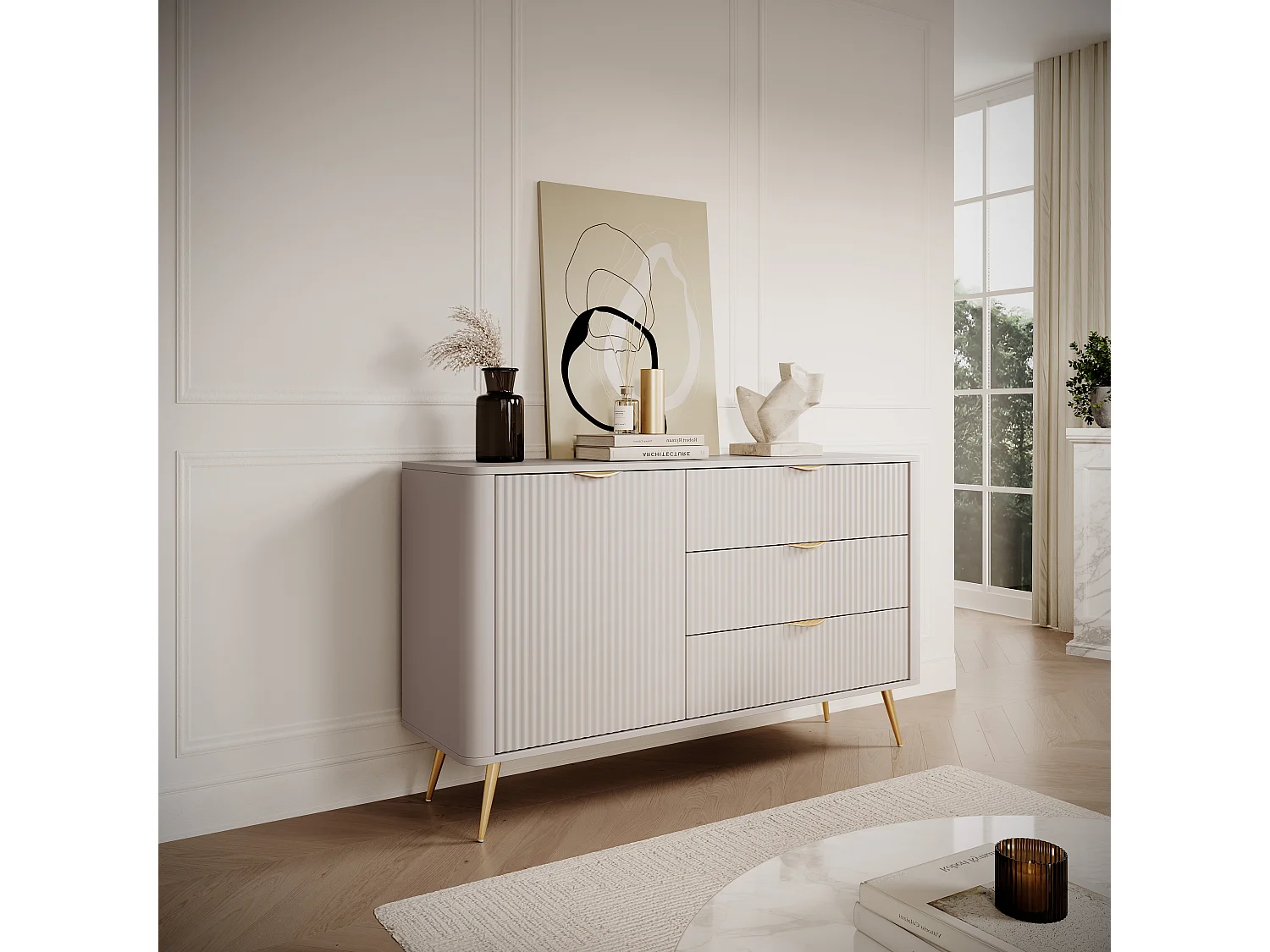 AX LIVING Buffet moderne beige avec tiroirs Vespasia 138,2 cm
