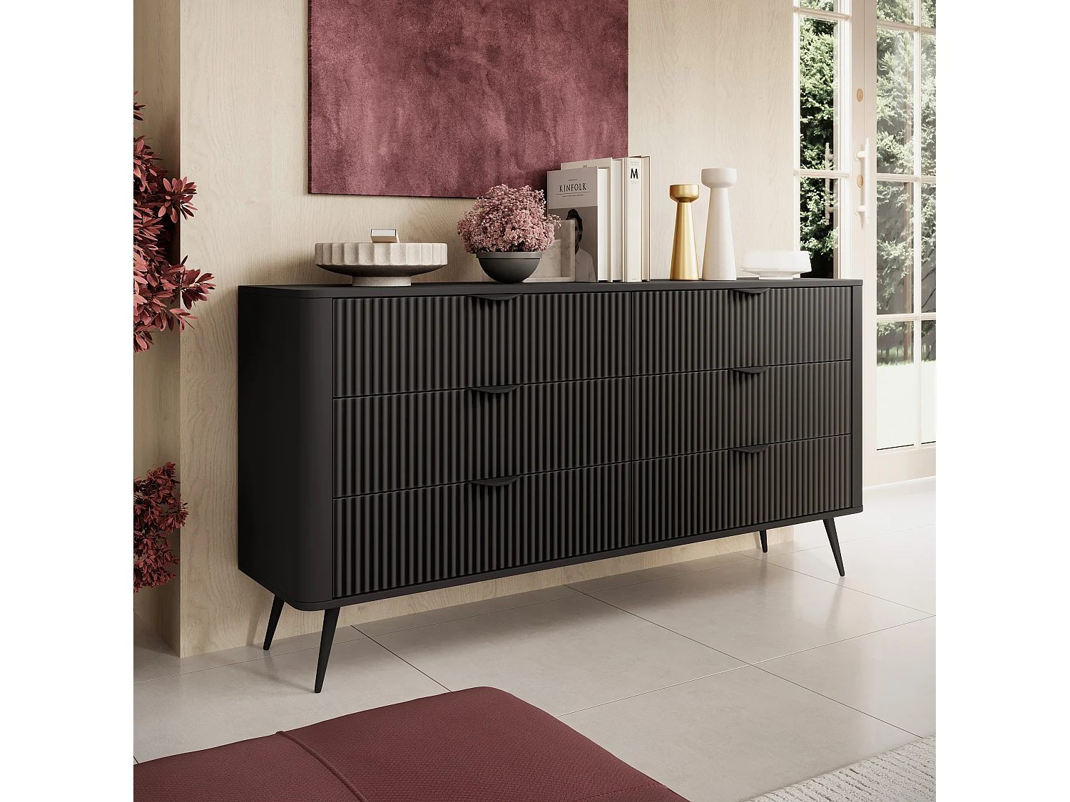 AX LIVING Zwarte ladekast met laden Vespasia 163 6S – 163,2 cm breed