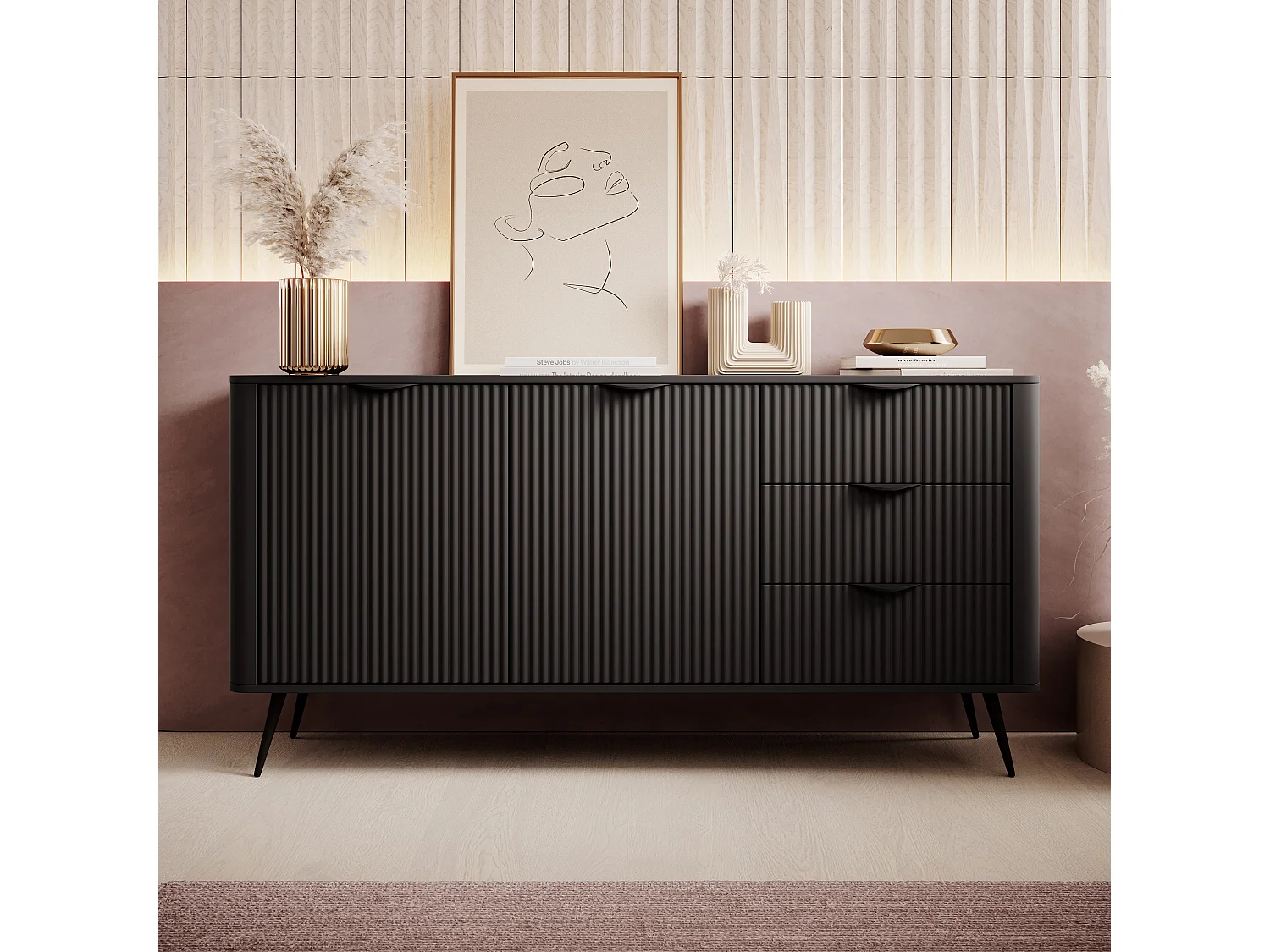 AX LIVING Grande commode noire XXL avec tiroirs Vespasia 163,2 cm