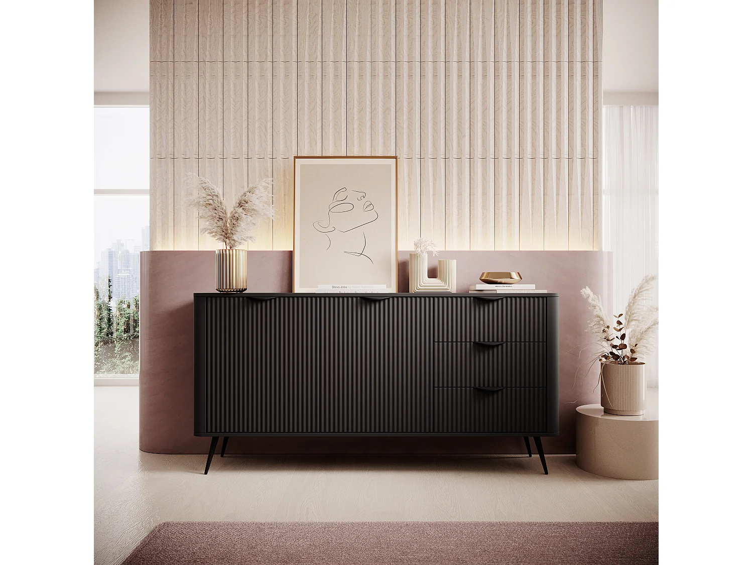 AX LIVING Grande commode noire XXL avec tiroirs Vespasia 163,2 cm