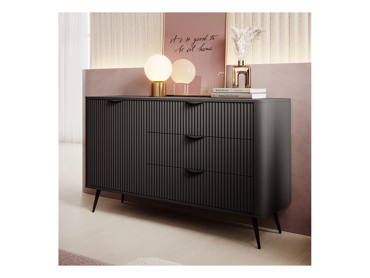 AX LIVING Modern Schubladen Sideboard schwarz Vespasia 138D3S 138,2 cm