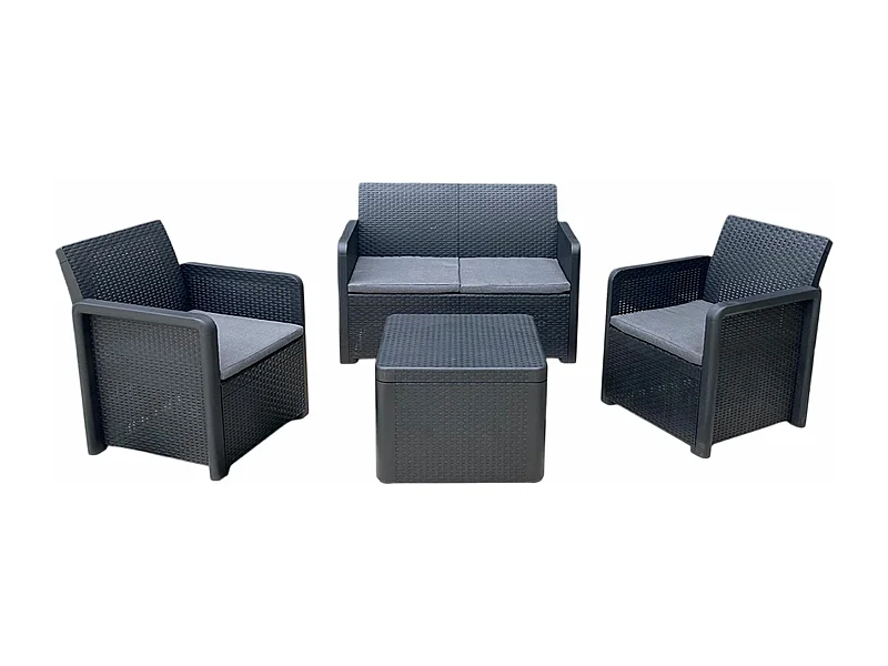 Salon bas de jardin de 4 personnes coloris gris anthracite ( 2 fauteuils, canapé, table basse coffre )