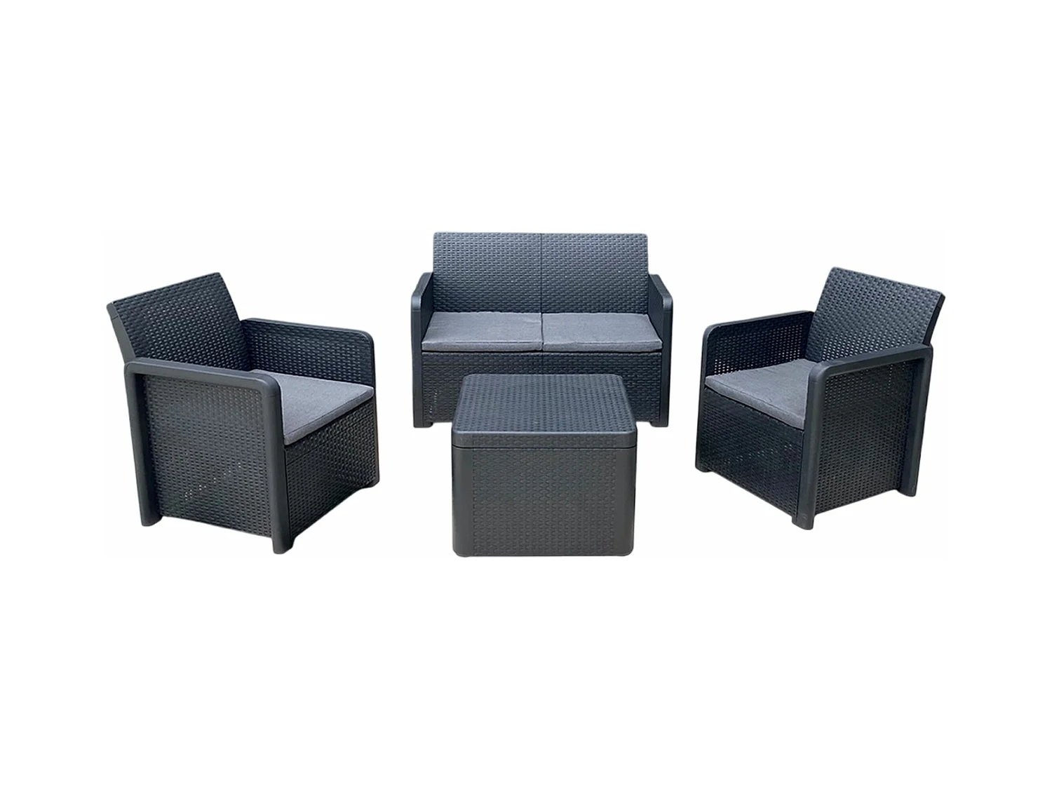 Salon bas de jardin de 4 personnes coloris gris anthracite ( 2 fauteuils, canapé, table basse coffre )
