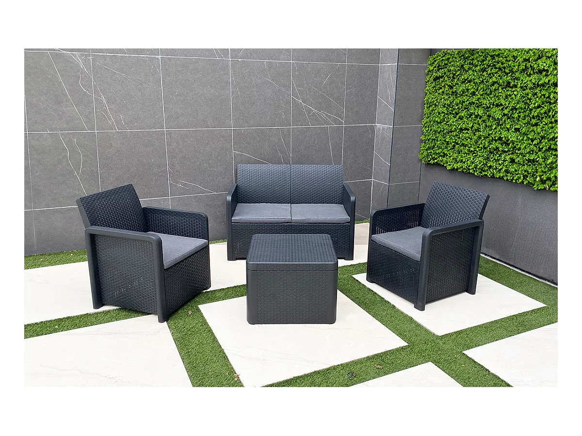 Salon bas de jardin de 4 personnes coloris gris anthracite ( 2 fauteuils, canapé, table basse coffre )