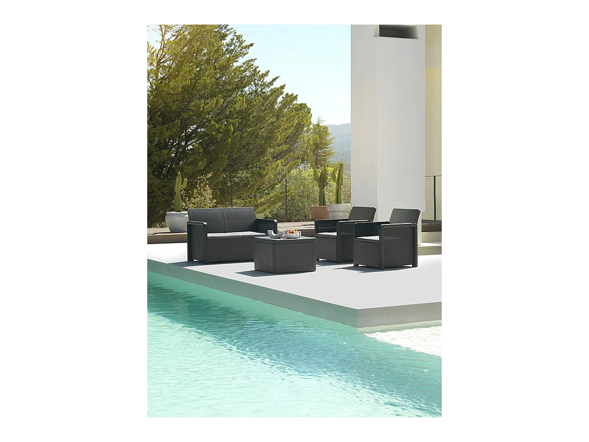 Salon bas de jardin de 4 personnes coloris gris anthracite ( 2 fauteuils, canapé, table basse coffre )