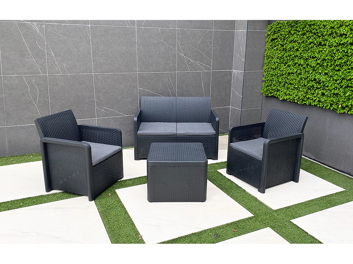 Salon bas de jardin de 4 personnes coloris gris anthracite ( 2 fauteuils, canapé, table basse coffre )