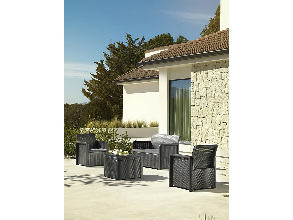 Salon bas de jardin de 4 personnes coloris gris anthracite ( 2 fauteuils, canapé, table basse coffre )