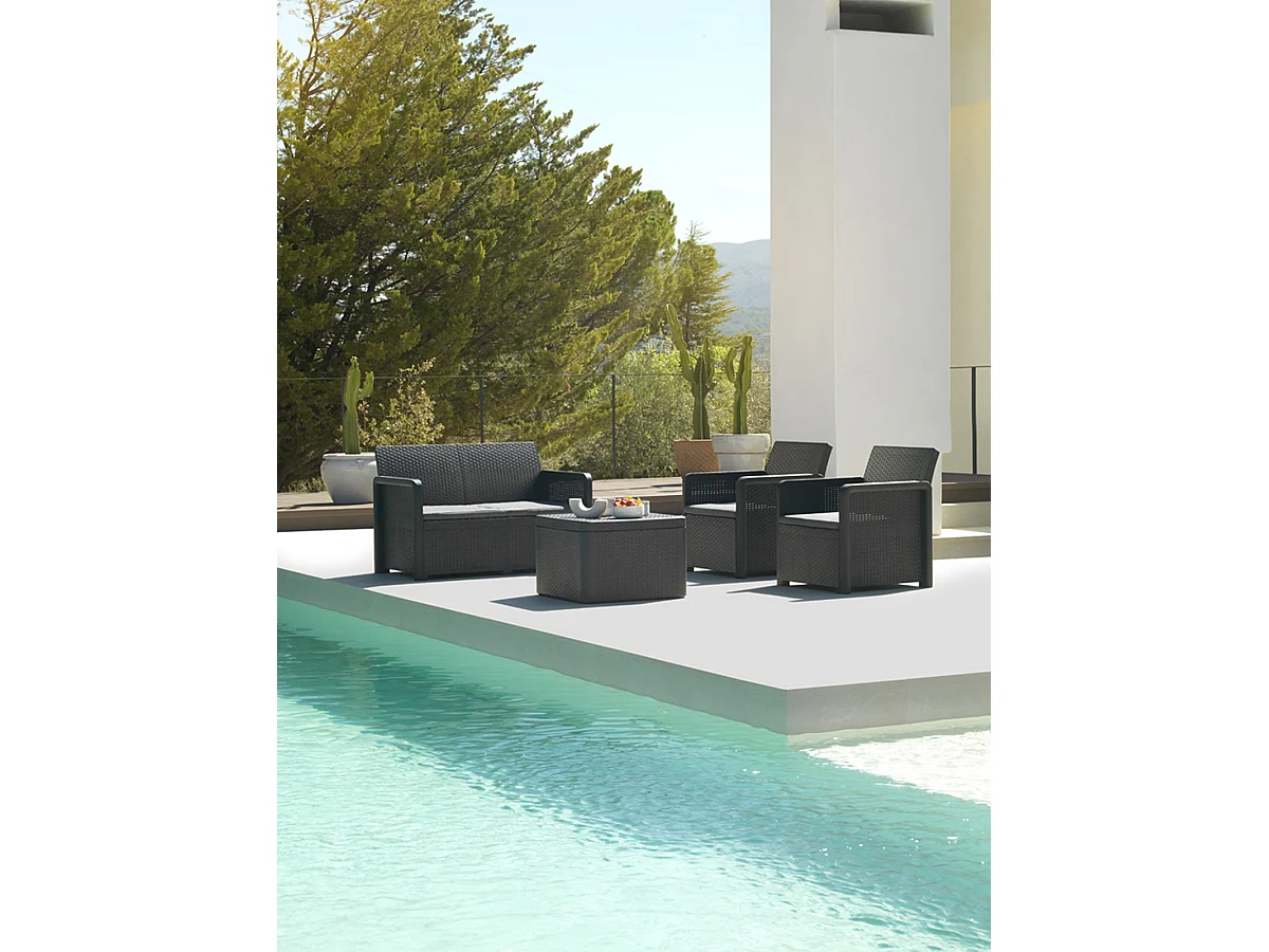 Salon bas de jardin de 4 personnes coloris gris anthracite ( 2 fauteuils, canapé, table basse coffre )