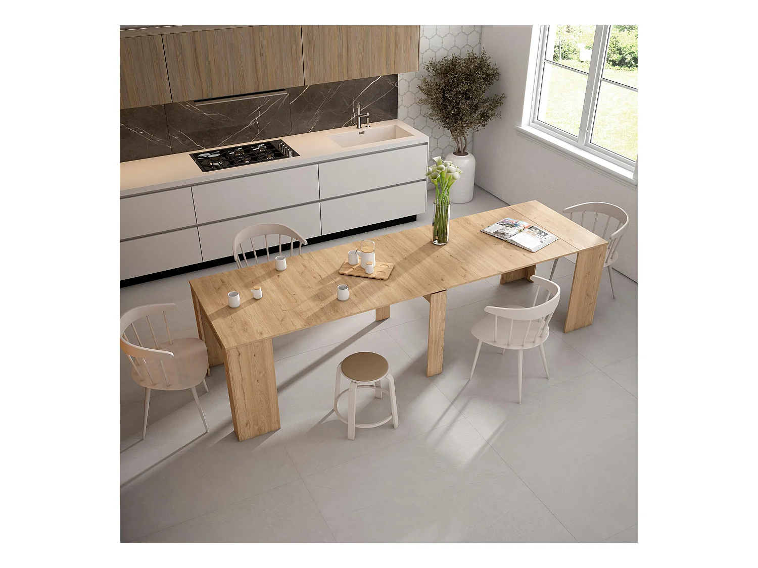 Table console extensible, 302x90x77cm, Pour 14 personnes, Table à Manger, Chêne