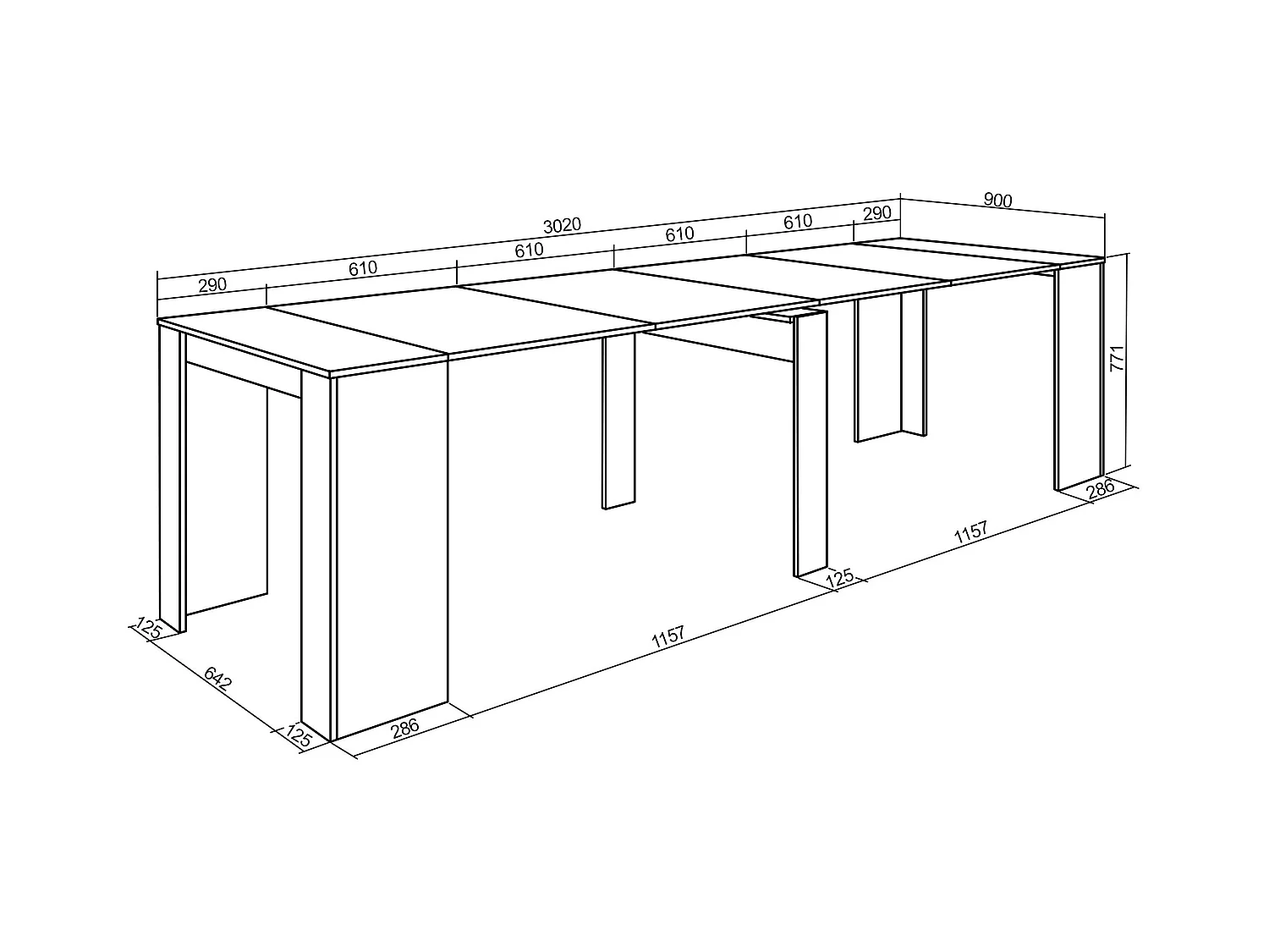 Table console extensible, 302x90x77cm, Pour 14 personnes, Table à Manger, Chêne