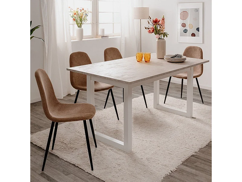 Table à manger extensible 4/6 personnes effet travertin et blanc 160/200 cm - Marlon