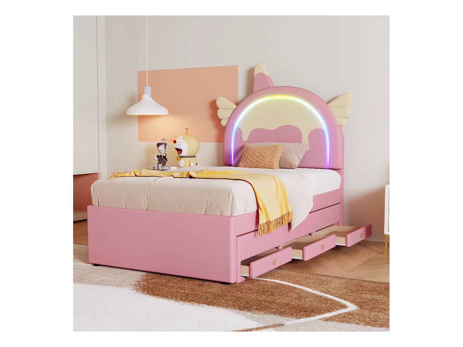 Kinderbed 90x200 cm in de vorm van een eenhoorn, uitschuifbed met verrijdbaar logeerbed – Roze PU-materiaal (zonder matras)