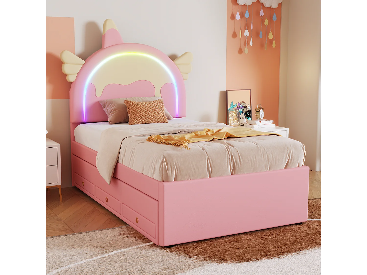 Lit enfant 90x200 cm en forme de licorne, Lit gigogne avec lit roulant escamotable, matériau PU Rose(sans matelas)