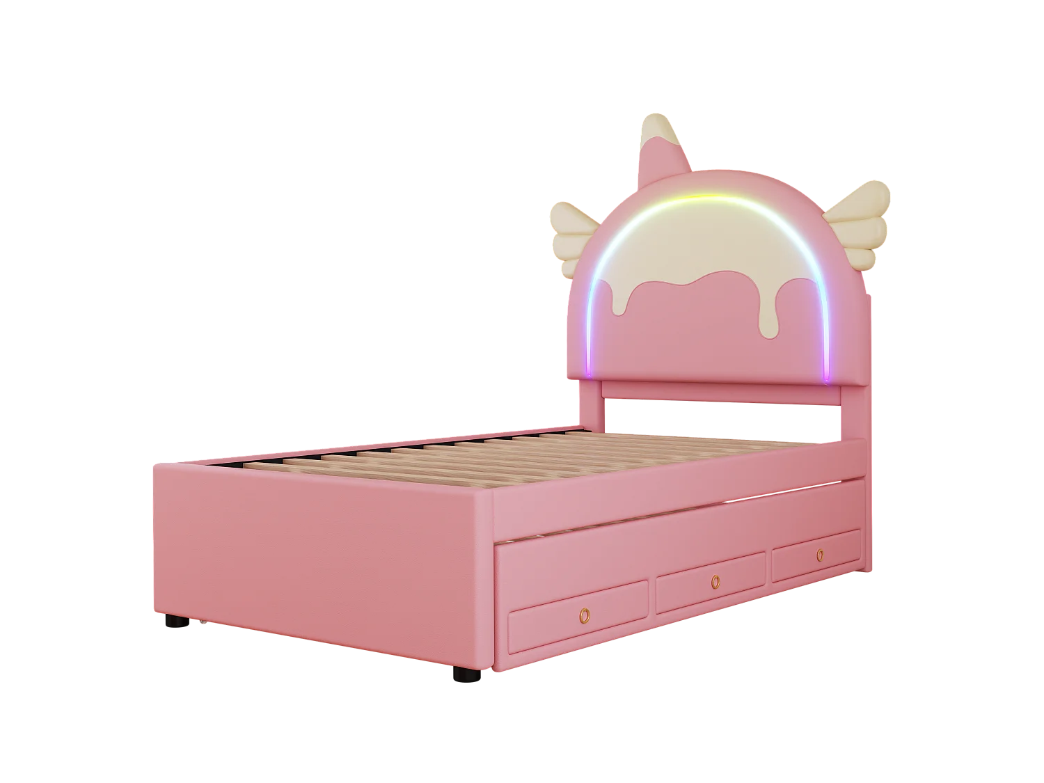 Lit enfant 90x200 cm en forme de licorne, Lit gigogne avec lit roulant escamotable, matériau PU Rose(sans matelas)