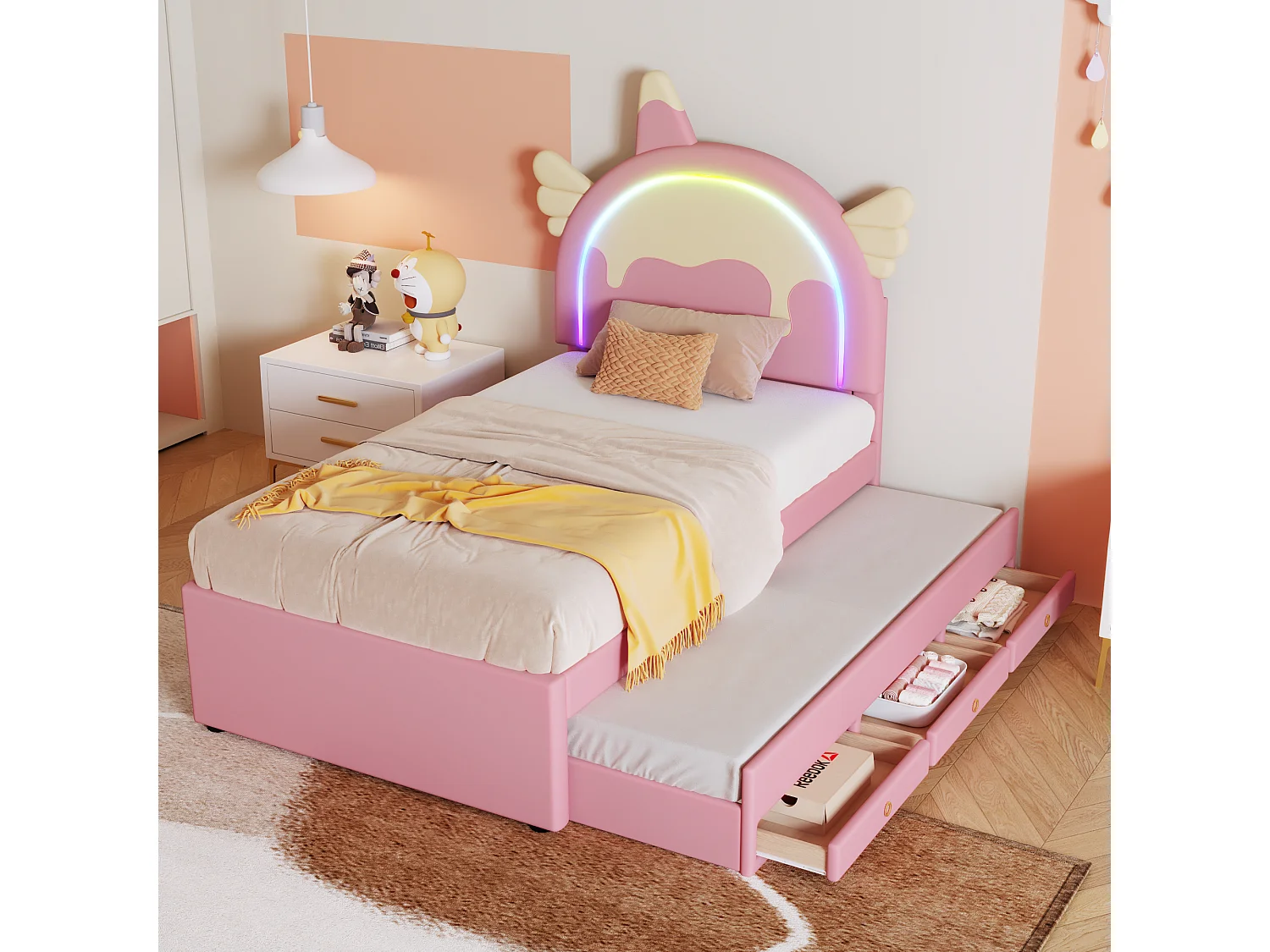 Cama infantil 90x200 cm em forma de unicórnio, cama auxiliar com cama de rodinhas retrátil - Material em PU rosa (sem colchão)