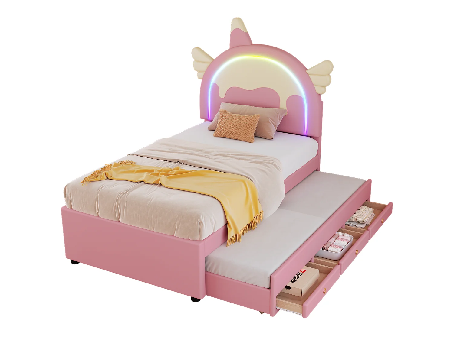 Lit enfant 90x200 cm en forme de licorne, Lit gigogne avec lit roulant escamotable, matériau PU Rose(sans matelas)