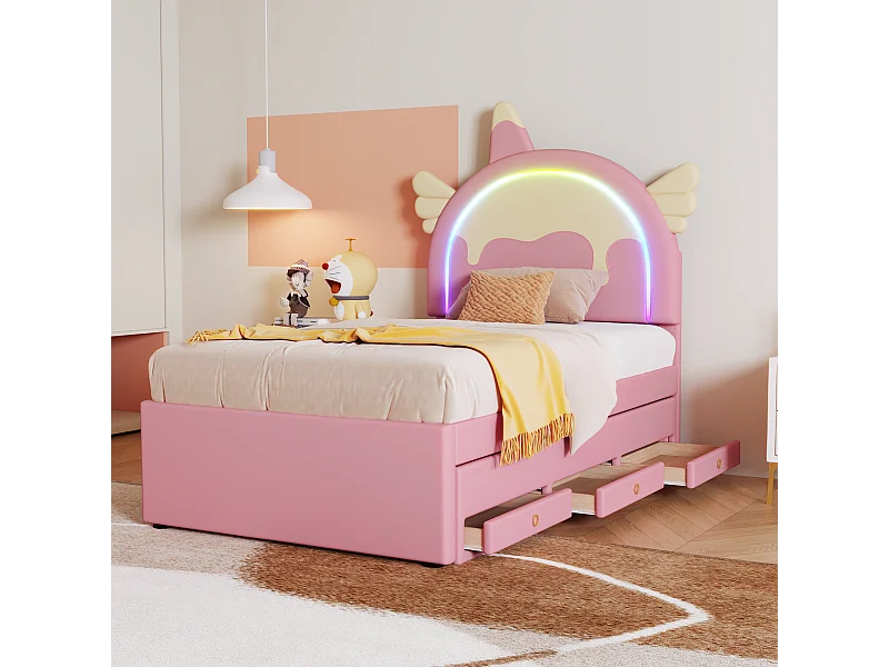 Letto per bambini 90x200 cm a forma di unicorno, letto estraibile con secondo letto a scomparsa - Materiale in PU rosa (senza materasso)