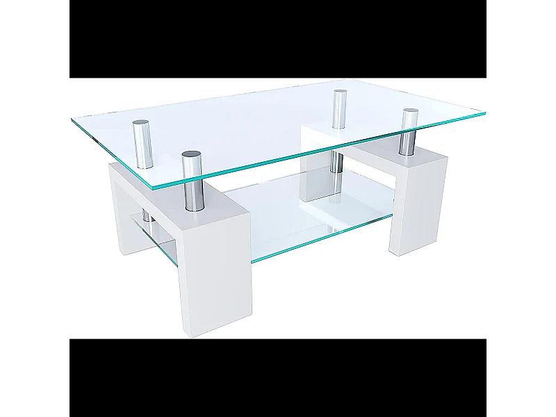 Tavolino Basso Rettangolare Salotto In Vetro E Legno MDF Soggiorno Salone Sala Pranzo Tavolo Caffè Ripiano Moderno Elegante Bianco 100 x 60 x 45 cm