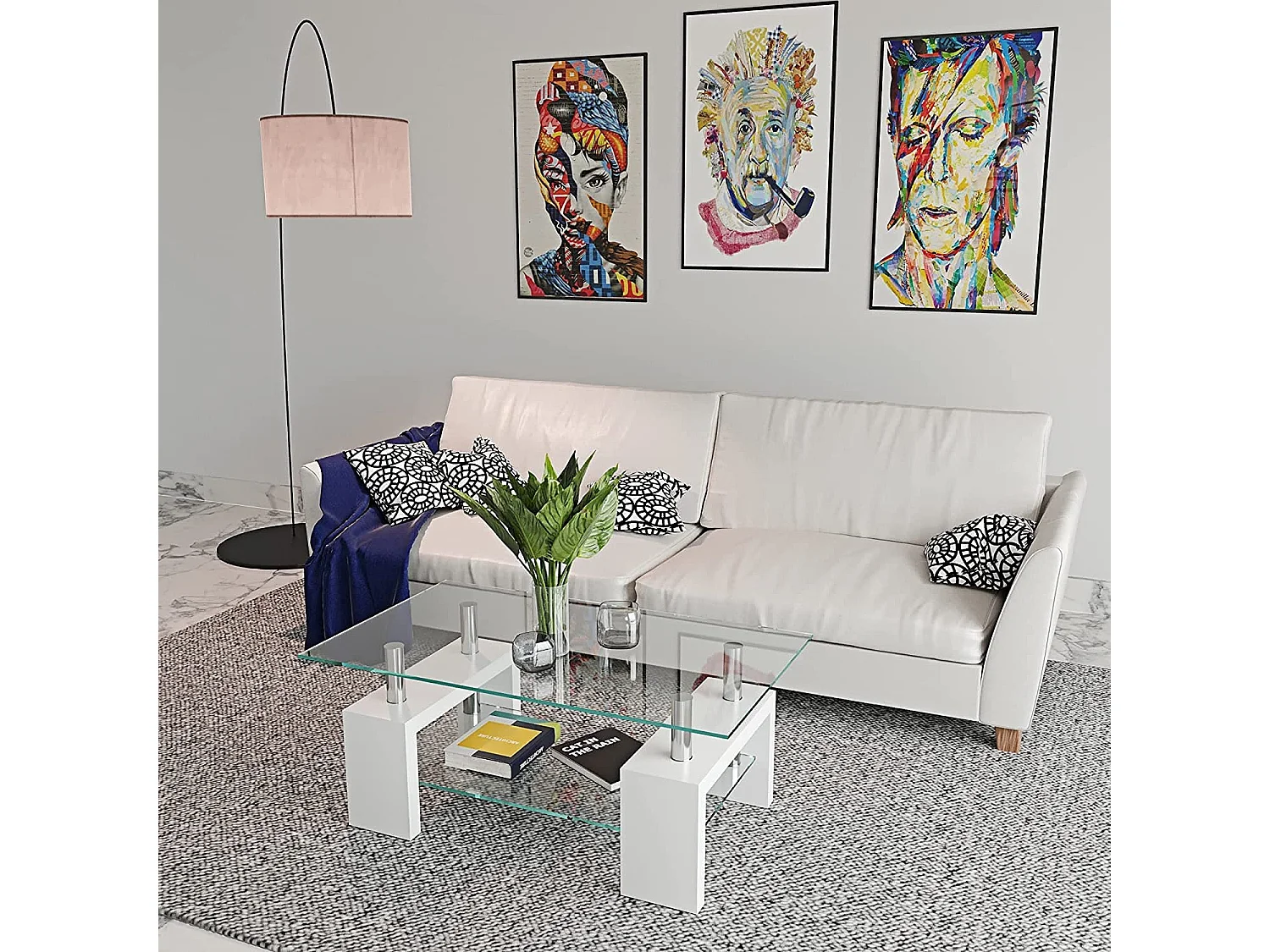 Tavolino Basso Rettangolare Salotto In Vetro E Legno MDF Soggiorno Salone Sala Pranzo Tavolo Caffè Ripiano Moderno Elegante Bianco 100 x 60 x 45 cm