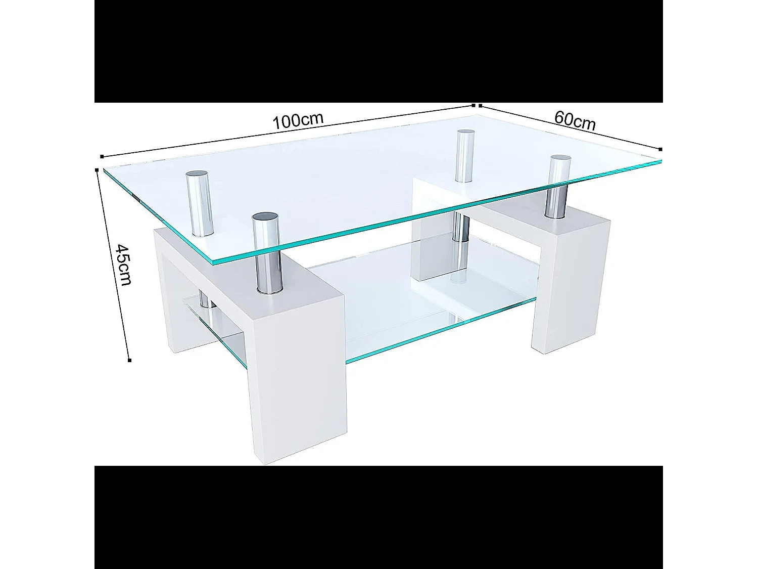 Tavolino Basso Rettangolare Salotto In Vetro E Legno MDF Soggiorno Salone Sala Pranzo Tavolo Caffè Ripiano Moderno Elegante Bianco 100 x 60 x 45 cm