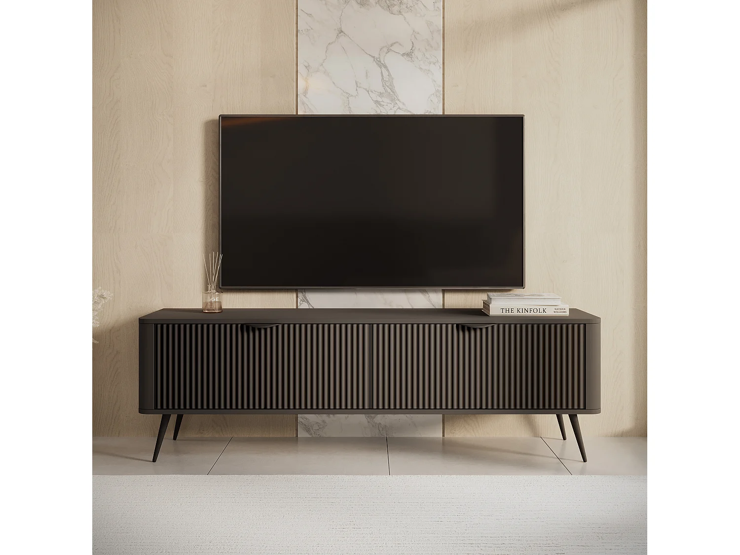 AX LIVING Meuble TV noir mat moderne Vespasia 163 cm avec rangement