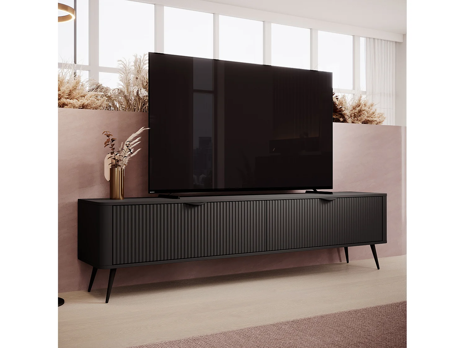 AX LIVING Moderner TV Lowboard Schwarz Matt Vespasia 200 2D – 200 cm